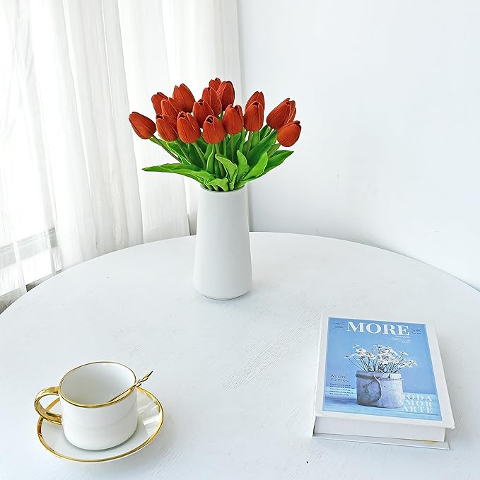 Mandy's Dark Orange Artificial Tulips Flowers Centerpiece, 13.5" Lifelike PU Fake Floral Stems 20pcs for Kitchen Island & Dining Table, Spring Decor for Easter