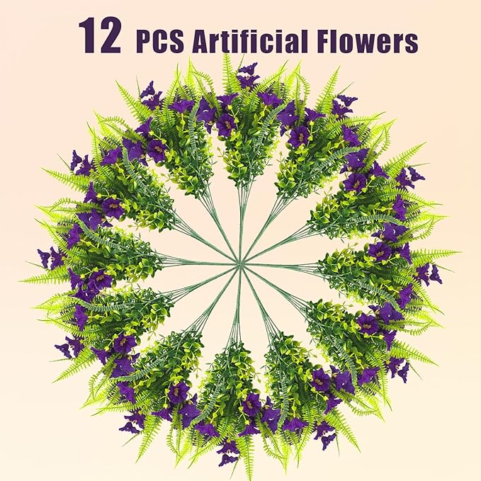 Artificial Flowers for Outdoors 12 Bundles Artificial Petunias Fake Flowers UV Resistant Shrubs Plants with Fern for Indoor Outside Hanging Planters Home Garden Summer Decorations (Purple)
