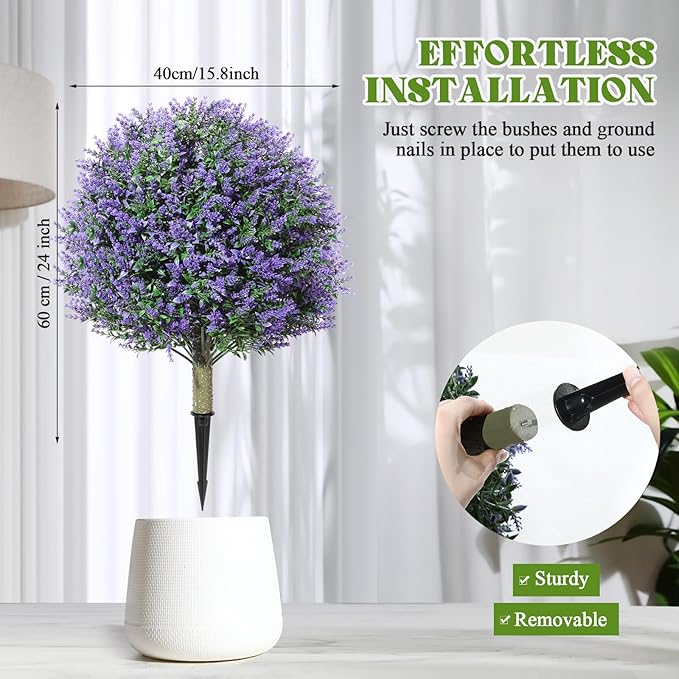 Lunmon 2 Pack 24" Artificial Topiary Ball Plants Trees with Flowers, Outdoor Fake Topiary Plants with Ground Spike, UV Resistant Faux Bushes for Indoor Outdoor Front Door Decor(Purple,Rose)
