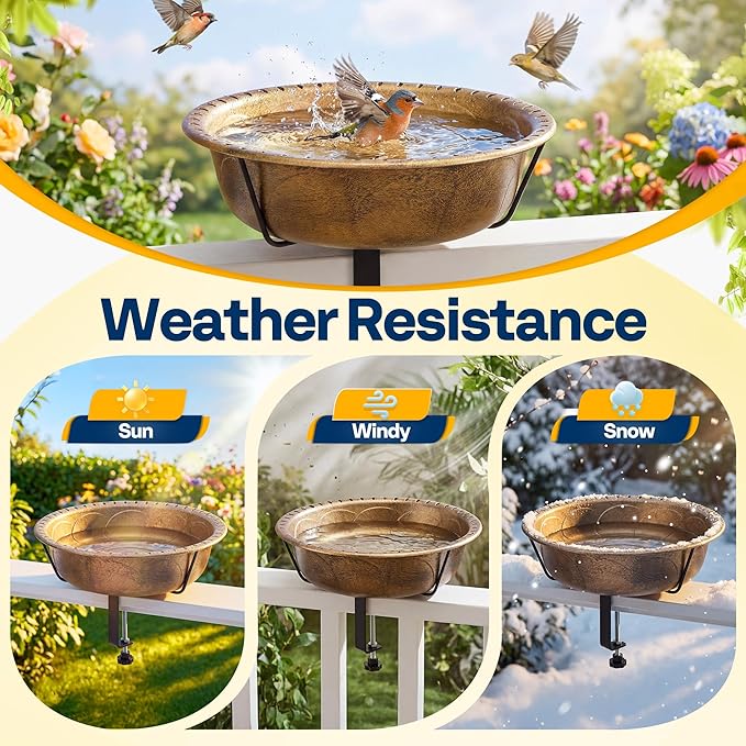 VIVOHOME Deck Mounted Bird Bath for Outside, Weather-Resistant ABS Bird Bath and Feeder with Adjustable Metal Clamp for Railing, Fence, Balcony, 1.45 Gallons, Copper