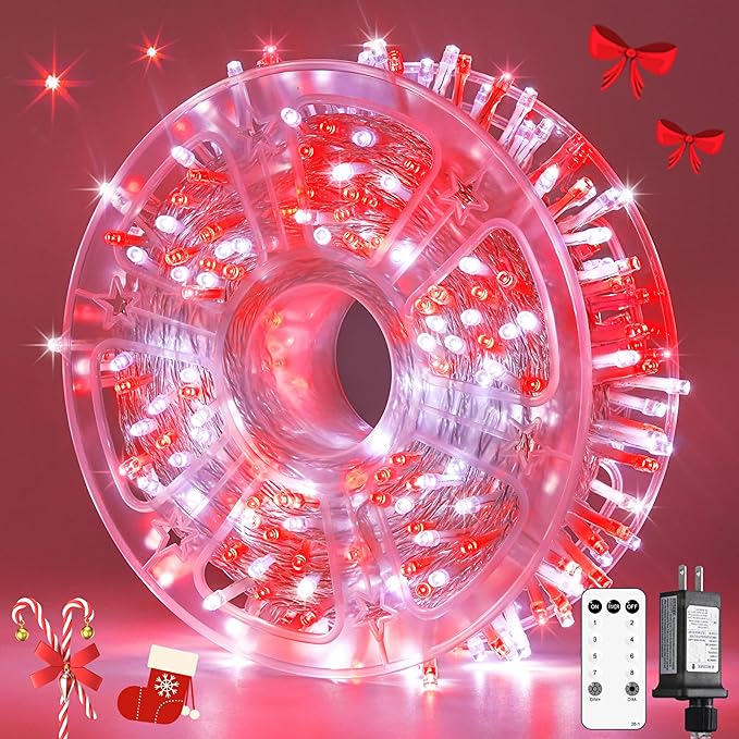 JMEXSUSS 132ft Red and White Christmas Lights Outdoor with Remote, 400 LED String Lights Indoor Plug in with Remote, 8 Modes Christmas Tree Light for Bedroom Tree Party Holiday Xmas Decorations