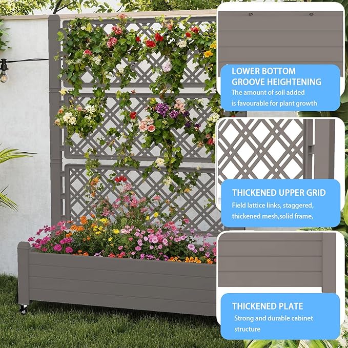 Mobile Elevated Planter Box with Trellis 3-Tier Lattice Trellis Planter with Rolling Wheels Outdoor Raised Garden Bed for Climbing Plants Vegetables and Flowers