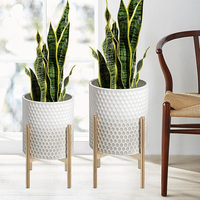 Oakrain Planters for Indoor Plants, Set of 2 Modern Planter with Stand, Decorative Metal Planter Pots for Living Room, Office, Garden, Balcony, 10"&12", White-Grey Gradient