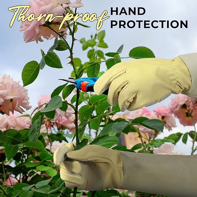 HANDLANDY Rose Pruning Gardening Gloves for Men Women, Thorn Proof Forearm Protection Leather Garden Gloves, Gardening Gifts for Gardeners (Vanilla, Large)