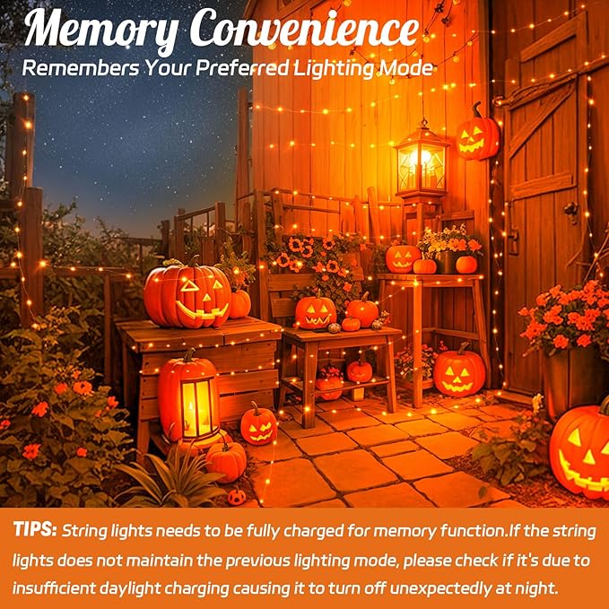 cshare Halloween String Lights Outdoor Waterproof, Orange Solar Fairy Lights 16.4ft 50LED 8 Modes Orange Fall Outdoor Lights for Fall Decor Outside Pathway Patio Party Backyard Decorations