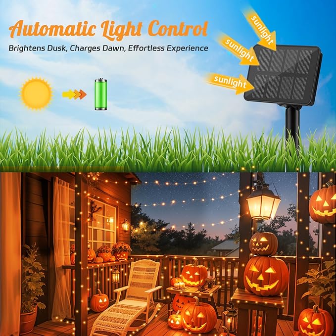 cshare Halloween String Lights Outdoor Waterproof, Solar Fairy Lights 16.4ft 50LED 8 Modes Orange Halloween Lights for Yard Outside Pathway Patio Party Backyard Decorations