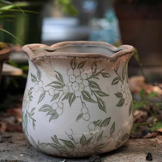 Dosayes Rustic Ceramic Planter, 6 Inch Tuscan Vintage Flower Pot with Drainage, Farmhouse Garden Pot for Indoor Plants, Kitchen & Garden Tuscan Decor, Plant Lover Gift (Light Green)