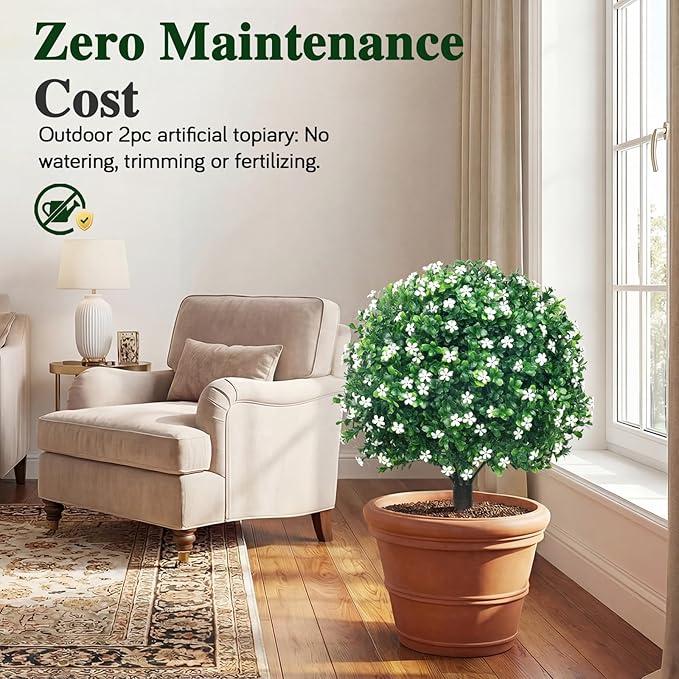 PATIO CHOICE Topiary Trees Artificial Outdoor Boxwood Ball Trees with Ground Spike Set of 2 22" Fake Outdoor Plants Faux Bushes and Shrubs Decorations for Outdoor Indoor Front Porch Garden