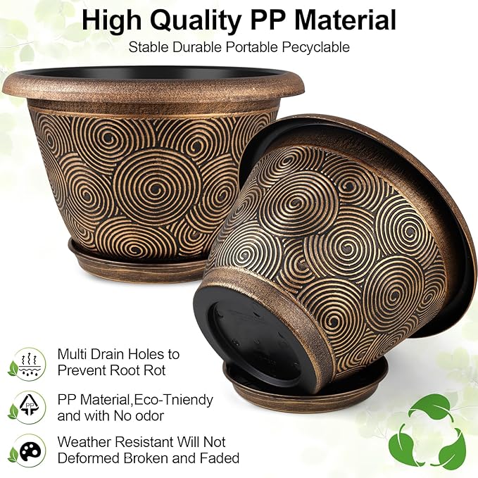 Fodetyff 16 Inch Large Planter Pot for Plants Indoor Outdoor, 4 Pack Plastic Flower Pots with Drainage Hole & Tray, Modern Decorative Garden Pot with Saucer, Plant Container for House