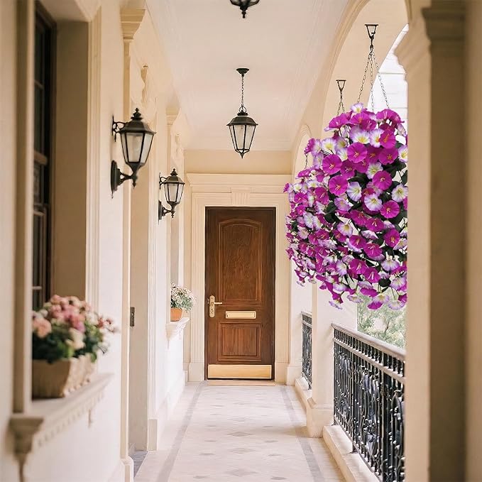 Artificial Flowers for Outdoors Fake Fuchsia Pink Morning Glory Hanging Flower Decoration, 2Pcs Realistic Faux Plants Petunias Long Trailing Vines,Spring Decor for Porch Patio Balcony Planter Yard