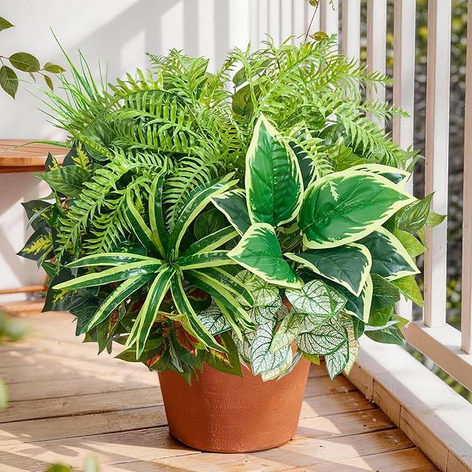Artificial Plants Outdoor,12PCS UV Resistant Fake Greenery with Stems Faux Plant Outside for Front Proch Garden Patio Planters Window Boxes Home Decor(Not Included Pot)
