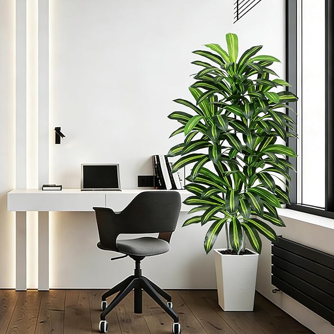 Artificial Dracaena Tree - 6FT Tall Fake Plants with White Tall Planter - Artificial Plants Indoor Floor Plant in Pot - Large Tropical Fake Yucca Potted Tree for Home Office Living Room Decor
