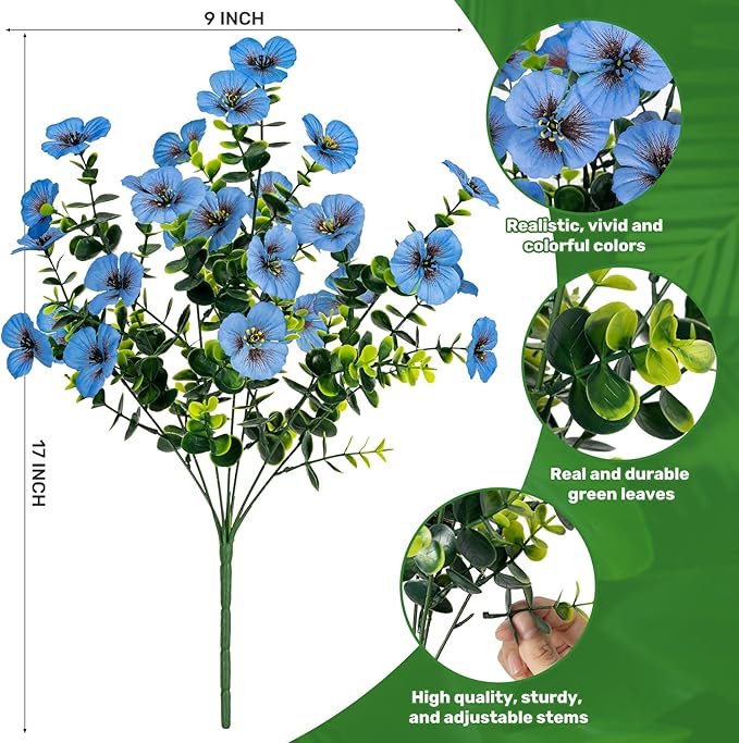 17 Inch Artificial Faux Pansy Flowers for Outdoor,Fake Pansies Flowers with Eucalyptus Leaves Fake Plants Greenery Boxwood Porch Patio Decor 6 Bundles(Red,Blue,White)