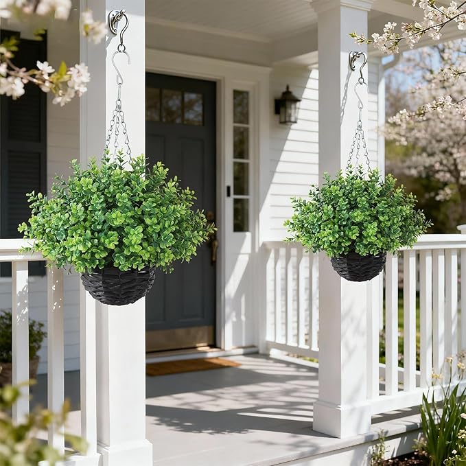 FOTEEWL Artificial Boxwood Hanging Baskets - 2 Sets of Hanging Plant Fake Bushes with Baskets,UV-Resistant Suitable for Outdoor,Porches,Eaves,Farmhouses,Courtyard Decorations