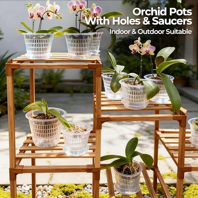 T4U Orchid Pot, 6 Pack 4.3 Inch Orchid Pots with Holes and Saucers, Clear Orchid Pots for Repotting, Plastic Flower Plant Pot for Indoor Outdoor Plants, Slotted Orchids Planter for Root Health