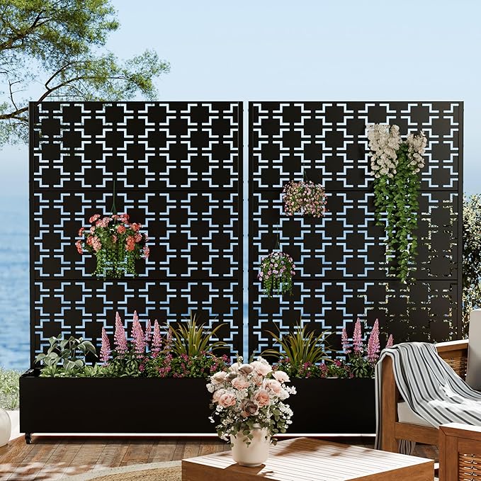 Casaphoria Metal Raised Garden Bed with Trellis and Wheels, 72"x47"x16" Planter Box for Climbing Plants, Vegetables & Vines, Features Drainage Holes and Privacy Screen (Black-Square)