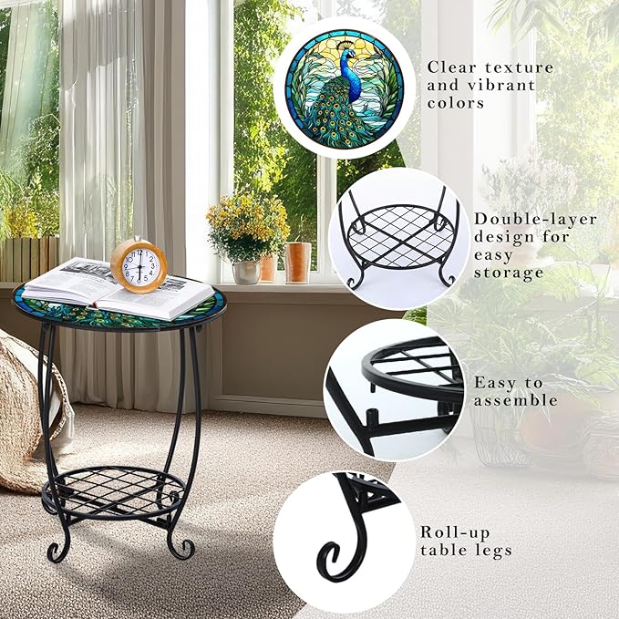Outdoor Side Table Round Small Mosaic Patio Accent Indoor End Plant Coffee Tea Table for Yard Patio Porch Garden Living Room, Bedroom(Peacock Style,12 Inch)