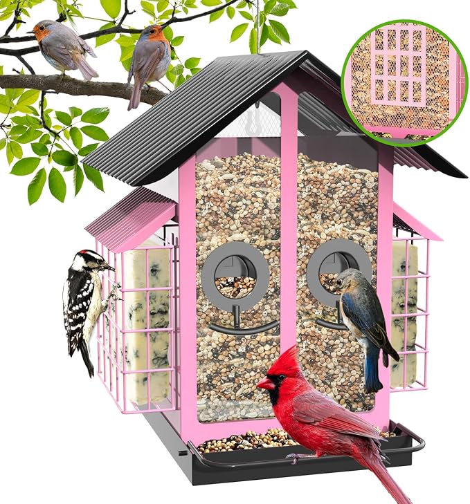 FlowaFoli Bird Feeders for Outdoors, Metal Bird Feeder with Double Suet Cage Weatherproof Metal Roof, 2 in 1 Mixed Seeds Suet Feeder, 4Lbs Large Capacity, Great for Finch、Cardinal、Chickadee（Pink）