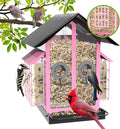 FlowaFoli Bird Feeders for Outdoors, Metal Bird Feeder with Double Suet Cage Weatherproof Metal Roof, 2 in 1 Mixed Seeds Suet Feeder, 4Lbs Large Capacity, Great for Finch、Cardinal、Chickadee（Pink）