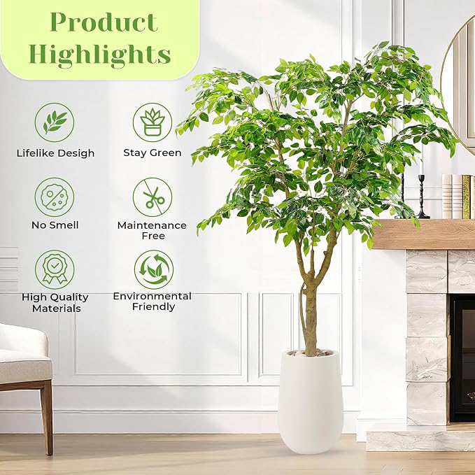 6.5FT Artificial Ficus Tree with White Planter and Pebbles,Faux Silk Tree with Lifelike Leaves and Realistic Trunk,Tall Fake Potted Plant for Home and Office Décor Indoor and Outdoor (6.5FT)