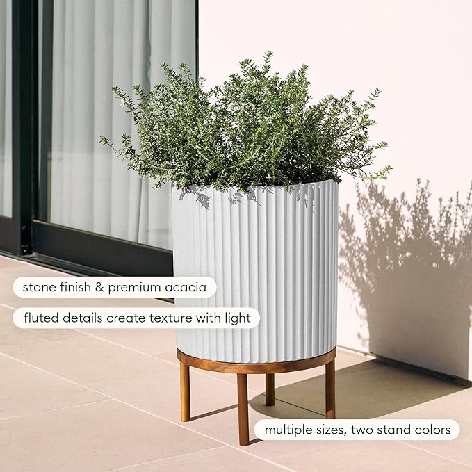 Veradek Demi Series Round Planter w/ Stand for Porch/Patio | Durable Plastic-Concrete & Wooden Stand | Modern Décor for Tall Plants, Flowers
