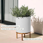 Veradek Demi Series Round Planter w/Stand for Porch/Patio | Durable Plastic-Stone Composite & Wooden Stand | Modern Décor for Tall Plants, Flowers