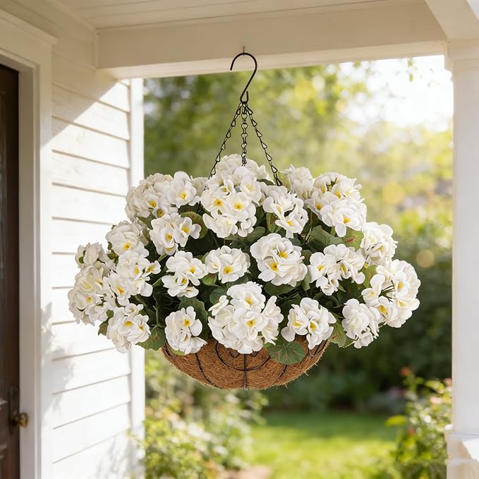 INSPRING Geraniums Artificial Flowers Hanging Basket for Outdoors Outside Spring Decoration, 8 Bundles Silk Flowers Fake Plants Look Real UV Resistant for Porch Home Patio Balcony Yard, White