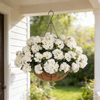 INSPRING Geraniums Artificial Flowers Hanging Basket for Outdoors Outside Spring Decoration, 8 Bundles Silk Flowers Fake Plants Look Real UV Resistant for Porch Home Patio Balcony Yard, White