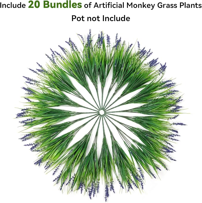 Ivydale 20PCS Artificial Plants Fake Flowers Monkey Grass for Outdoors,UV Resistant Realistic Purple Faux Greenery Shrubs Outside Decor for Home Garland Porch Patio Balcony Planter Yard Office Pathway