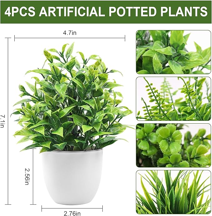 Der Rose 4 Pack Small Fake Plants in Pots, Faux Plants Indoor for Home Office Bathroom Shelf Farmhouse Decor