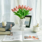 Mandy's Dusty Pink Artificial Tulips Flowers Centerpiece, 13.5" Lifelike PU Fake Floral Stems 20pcs for Kitchen Island & Dining Table, Spring Decor for Easter