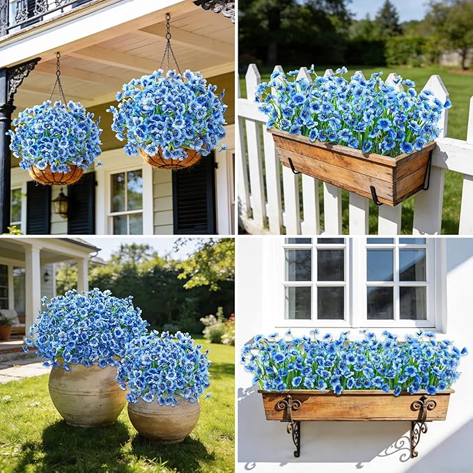 Roberly 24 Bundles Artificial Flowers for Outdoors UV Resistant Silk Fake Flowers Faux Plastic Plants for Porch Garden Window Box Indoor Outdoor Spring Summer Home Farmhouse Decor, Blue