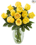 KaBloom - Bouquet of 12 Fresh Yellow Roses (Farm-Fresh, Long-Stem) with Vase - Fresh Flowers for Birthday, Valentine's & Mother's Day