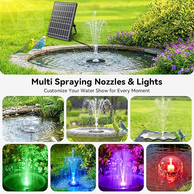 Antfraer 12W Solar Fountain Pump with 4200mAh Battery Backup& Remote RGB LED Lights, Floating Solar Water Fountain with 8 Nozzles & PVC Tubing for Bird Bath, Garden, Backyard, Outdoor Water Feature
