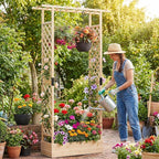 BECOMFORT Raised Garden Bed with Trellis & Hanging Roof, 89" Tall Fir Wood Planter Box with Drainage Holes, Outdoor Elevated Garden Planter for Climbing Vines, Perfect for Patio, Lawn & Backyard