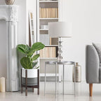 D'vine Dev Ceramic Planter with Walnut Color Stand - 10 Inch Modern Round Flower Pot with Wood Planter Holder, White/Grey, 55-B-X-6