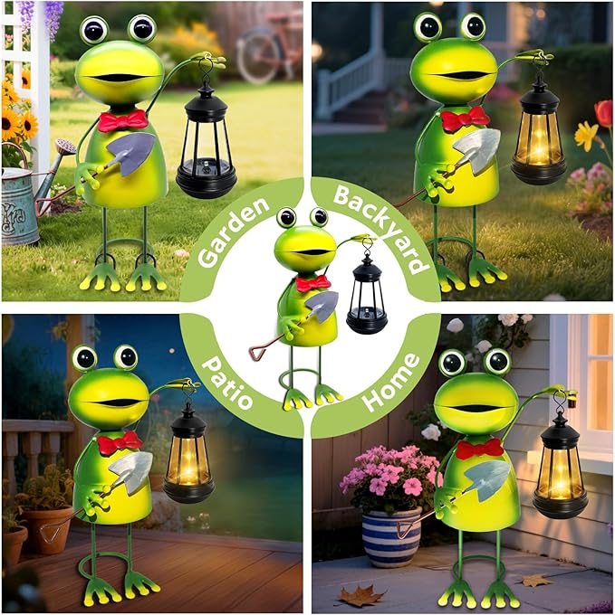 Solar Garden Lights Frog Statue with Solar Lantern,13.78in Tall Frog Decor Fairy Accessories,Mothers Day Birthday Gifts for Women Mom Grandma,Big Metal Decorative Stakes for Home Decor,Patio,Yard Art