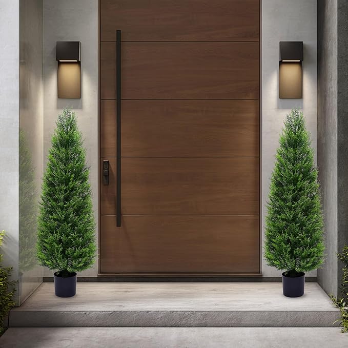2Pack 5ft Outdoor Artificial Cedar Topiary Trees, All-Weather Faux Pine for Home Porch Entryway Decor