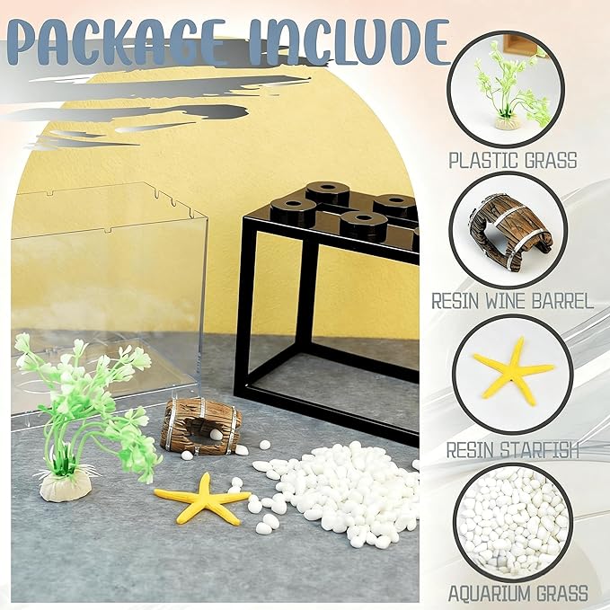 Small Betta Fish Tank, Stackable Mini Fish Tank Tiny Aquarium Kit with Aquarium Gravel & Resin Decorations, 0.6 Gallon Cube Desktop Fishbowl for Snails, Crabs, Starfish (Black)