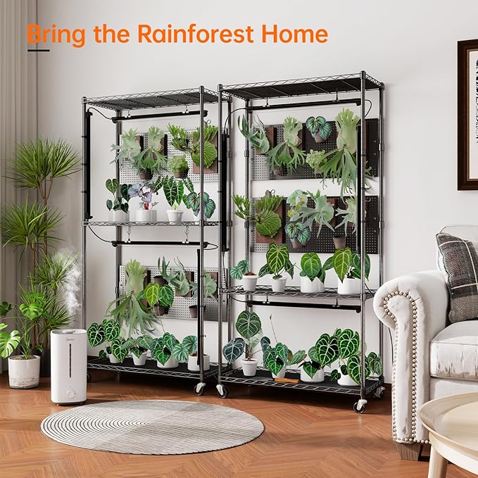 Bstrip Plant Cabinet with Pegboard, 3 Tier Plant Shelf with Grow Light, Metal Plant Stand with 4 Pack 96W Grow Lights for Indoor Plant, Foliage Plants, Seed Starting, 29.5"x13.8"x59"