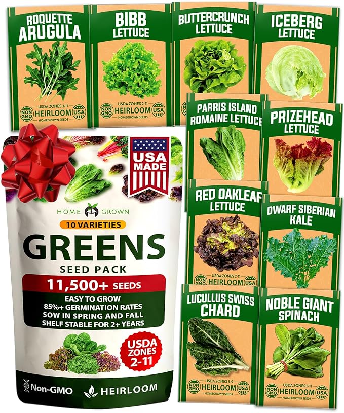 HOME GROWN 11,500+ Heirloom Lettuce Seeds - 10 Varieties Including Romaine, Buttercrunch, Iceberg, Kale & Spinach - Non-GMO USA Seeds for Planting Indoor, Outdoor & Hydroponic Gardens