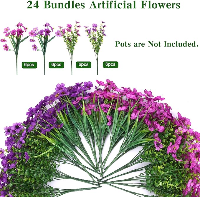 CEWOR 24 Bundles Artificial Flowers for Outdoor Indoor, Fake Silk Daisy with Eucalyptus Leaves, Faux Flower for Garden Front Door Porch Planter Patio Home Decor (Deep Purple Light Purple)