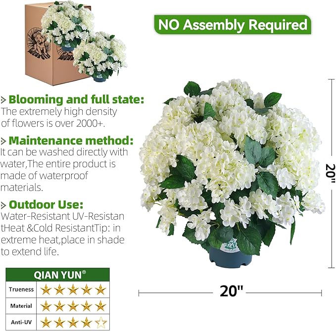 QIANYUN Artificial Topiary for Outdoors -20” Potted Plant Fake Hydrangea Bush-UV Resistant Artificial Outdoor Plants for Front Porch, Garden, Yard, Patio Decor (White)