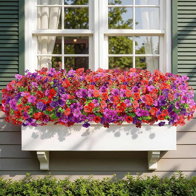 Alupssuc 24 Bundles Artificial Flowers for Outdoors Decoration, UV Resistant Silk Faux Floral Spring Fake Plastic Plants Greenery for Outside Indoor Garden Porch Window Box Home Decor(4 Colors)