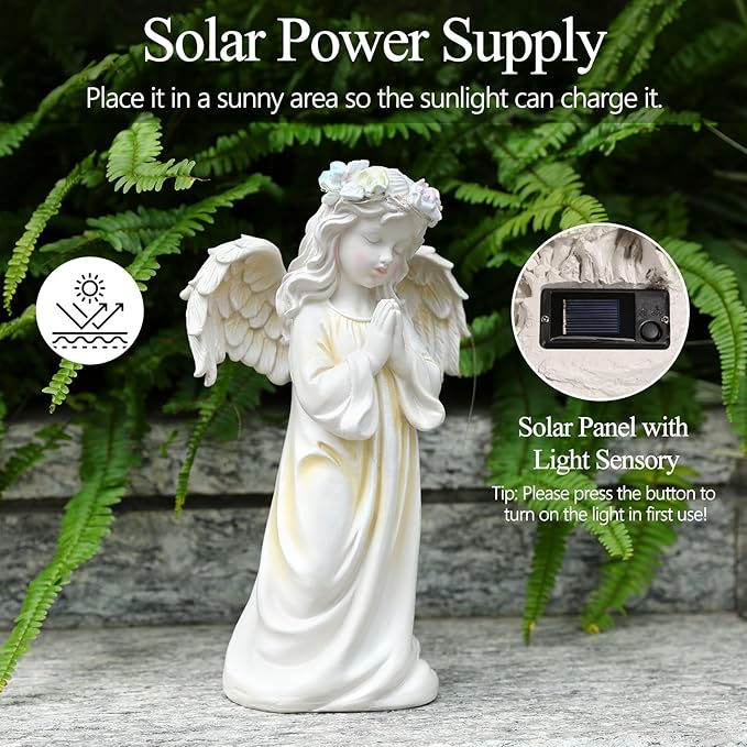 Angel Garden Statue,Memory Guardian Solar Garden Decor with Warm Light,Waterproof Outdoor Garden Decor Praying Angel Figurine Sculpture for Lawn Yard Patio,Sympathy Present,White