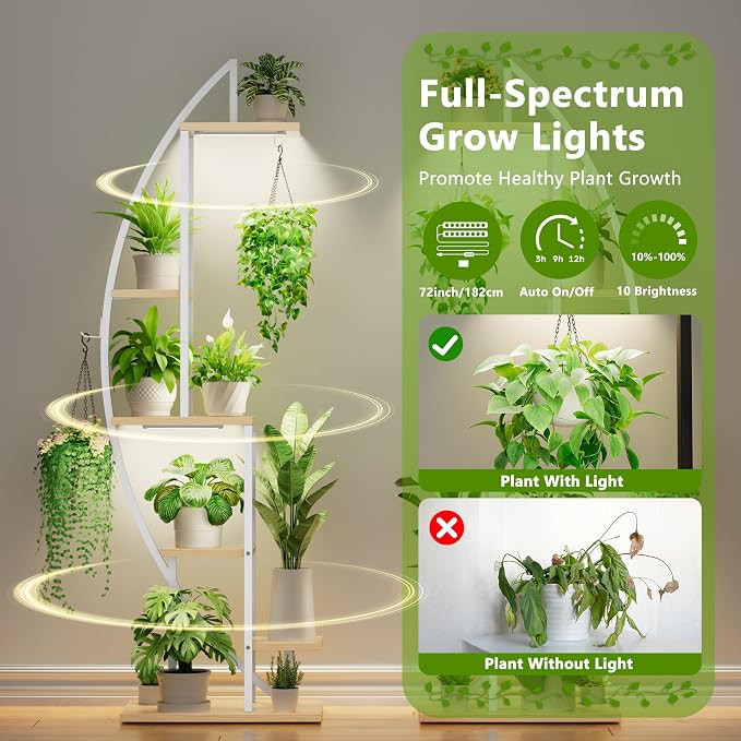 BACEKOLL Plant Stand Indoor with Grow Lights, 6 Tiered Tall Plant Shelf, 63" Metal Plant Stand for Indoor Plants Multiple, Half-Moon Plant Rack Display Shelf, 2 Pcs Plant Holder for Living Room, White