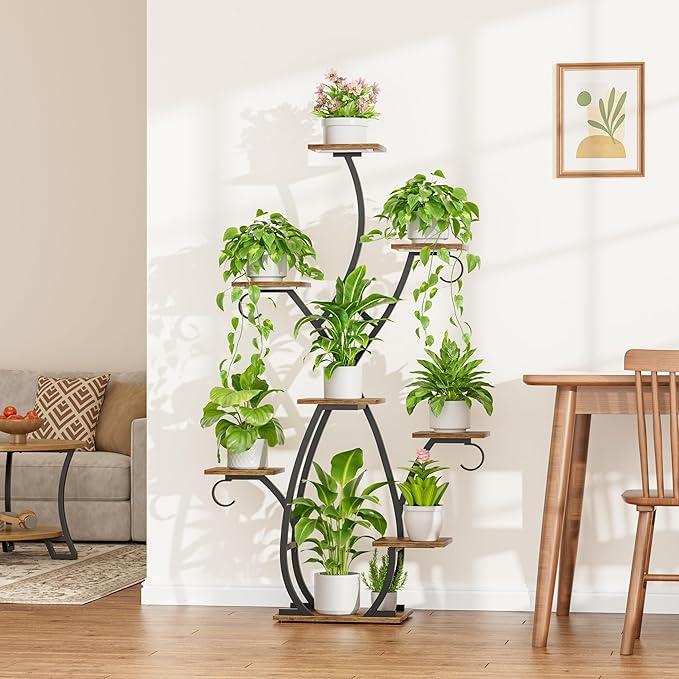 EVAWOO Plant Stand Indoor with Grow Lights - 58" Tall Plant Shelf Indoor, 8 Tiered Corner Lighted Plant Stand for Indoor Multiple Plants, Metal Flower Stands Display Rack for House, Patio, Black