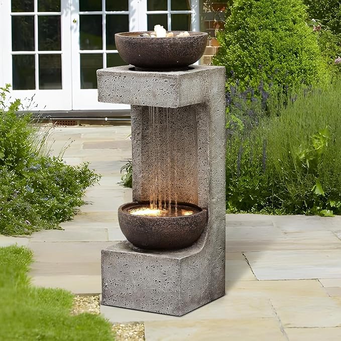 Garden Outdoor Water Fountain with LED Lights – 33.9" Resin Rain Curtain Water Feature with Bowl, Modern Freestanding Garden Waterfall Fountain for Patio, Porch, Balcony or Yard Décor, Grey