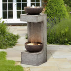 Garden Outdoor Water Fountain with LED Lights – 33.9" Resin Rain Curtain Water Feature with Bowl, Modern Freestanding Garden Waterfall Fountain for Patio, Porch, Balcony or Yard Décor, Grey