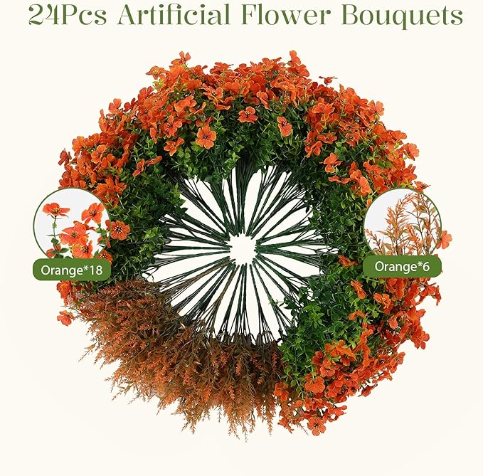 SHareconn 24 Bundles Artificial Flowers for Outdoors Decoration, Faux Plants Fake Silk Colorful Daisy Eucalyptus Lavender, UV Resistant for Outside Home Porch Patio Indoor Spring Decor, Orange